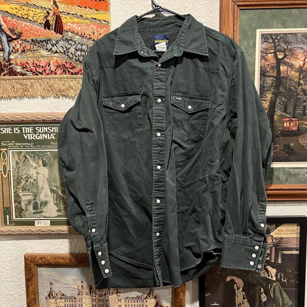 Vintage Wrangler Western Brushpopper Shirt Mens 2XL Dark Green Twill Pearl Snap
